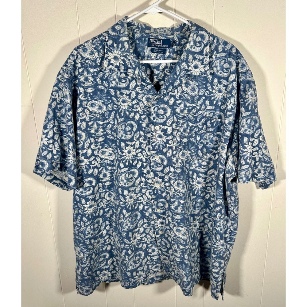 Vintage Polo Ralph Lauren Caldwell Mens XXL Blue White Floral Cotton Camp Collar